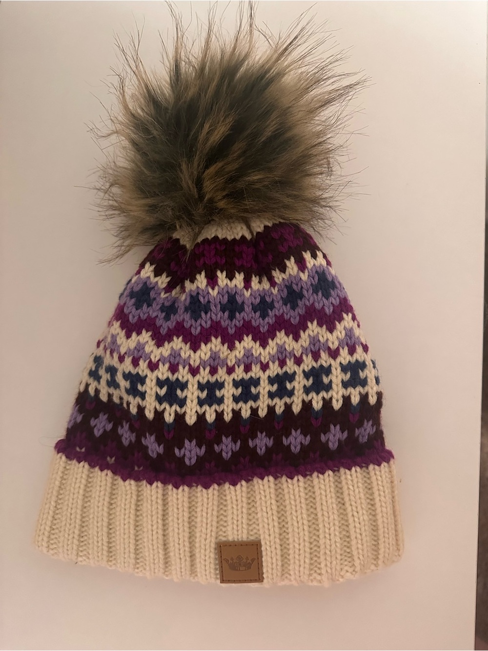 Panache Beanie Cap Hat Knit Winter Fleece Lined Faux Fur Pom Pom Purple/Cream